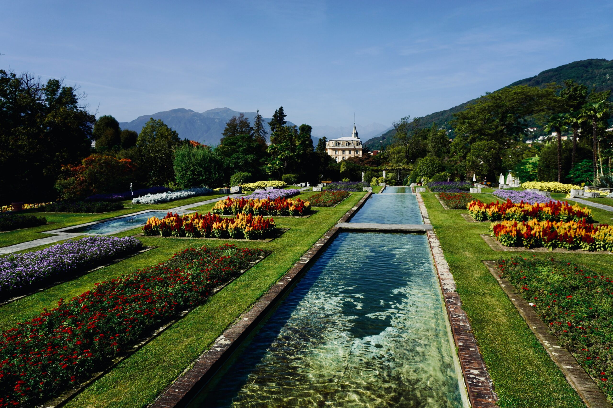 a garden filled with lots of flowers next to a river